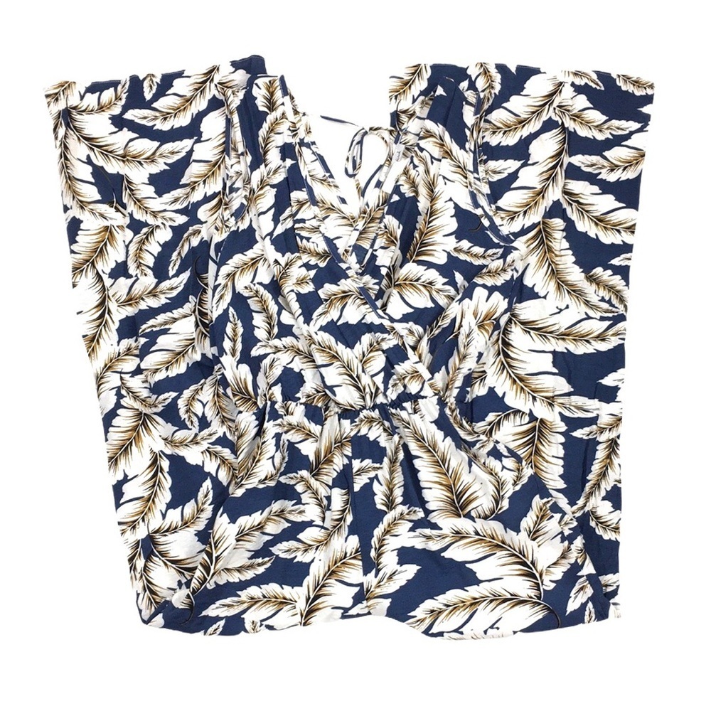 3/$20 White Birch Blue Tan Feather Print V Neck Jumpsuit